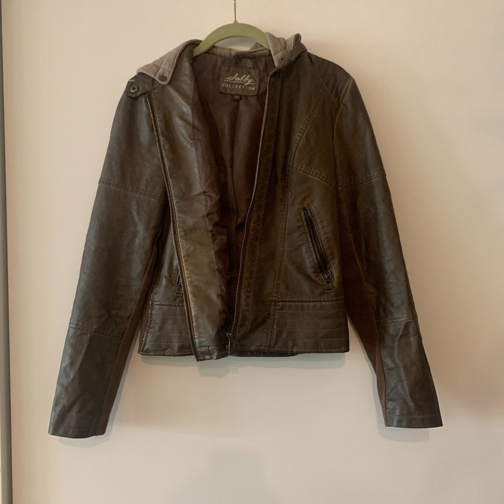 Vegan leather brown jacket with detachable hood